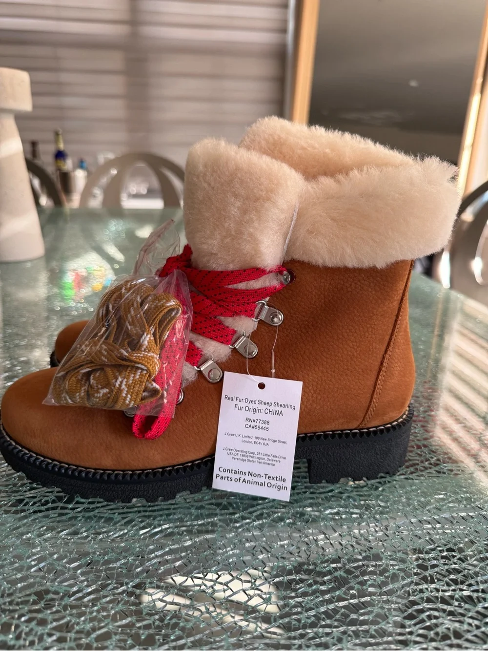 J Crew Tan Shearling-Lined Winter Boots with Red Laces 8M‎